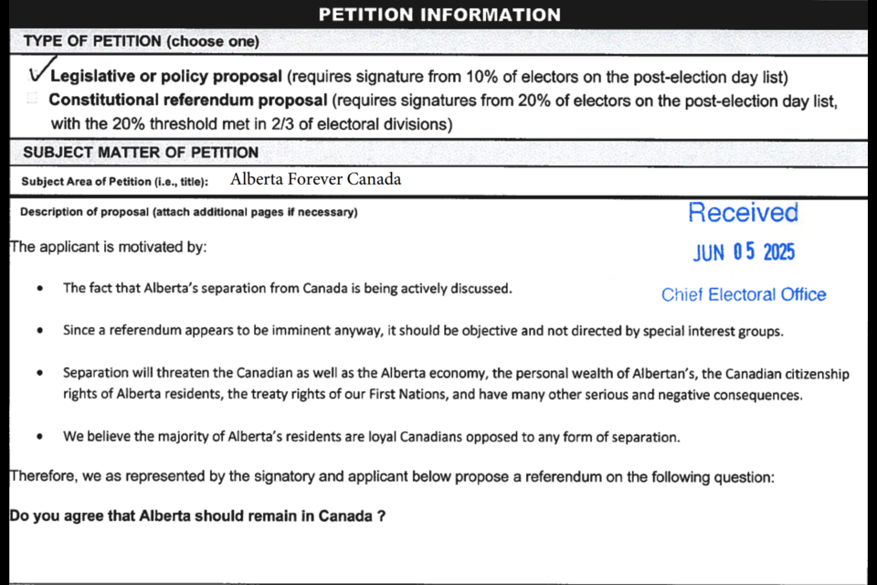 A citizens initiative petition filed by Thomas Lukaszuk. The petition question is, "Do you agree that Alberta should remain in Canada.