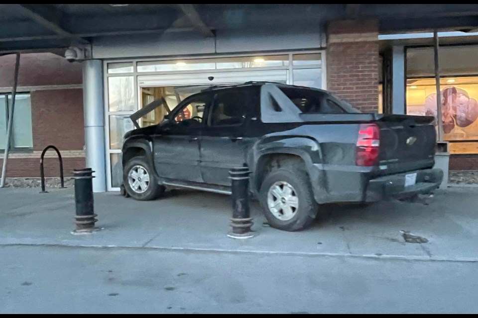 A black truck crashed into the doors of the Sturgeon Hospital around 8 p.m. on Sunday night.