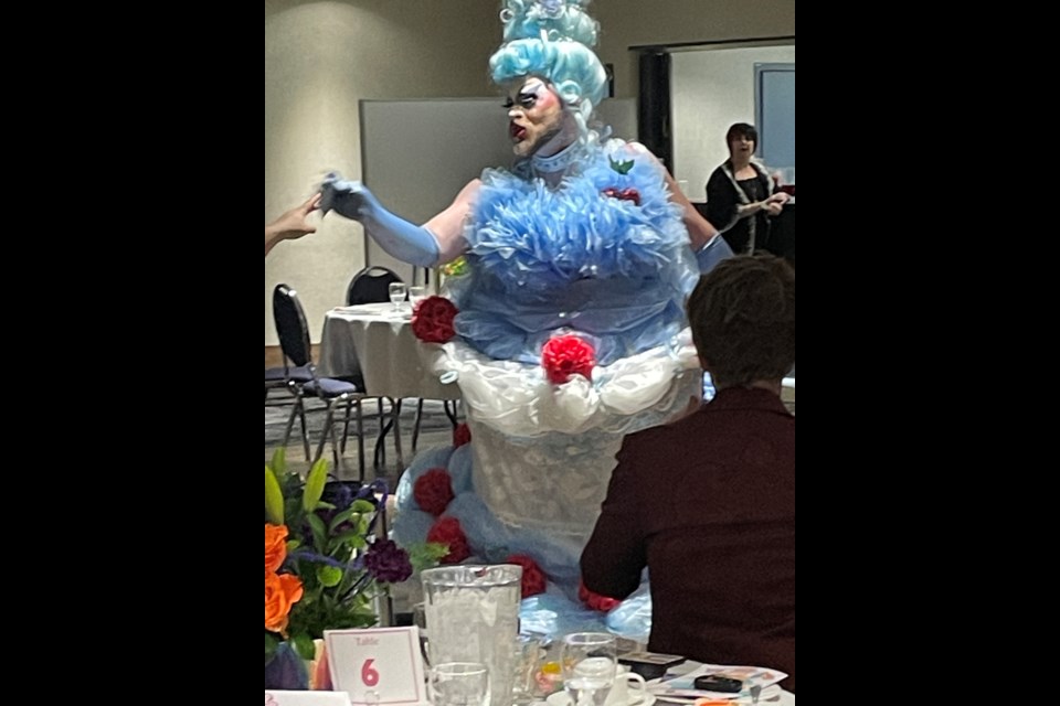 GoGoFetch came dressed to impress as a human birthday cake to MC the OutLoud 10th BirthGay gala at the St. Albert Inn & Suites Friday night (March 15).