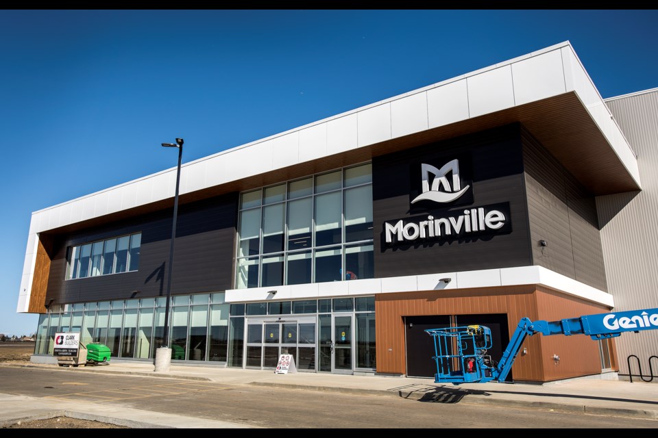 The front facade as seen during a tour of the nearly completed Morinville Leisure Centre in Morninville on April 25. DAN RIEDLHUBER/St. Albert Gazette