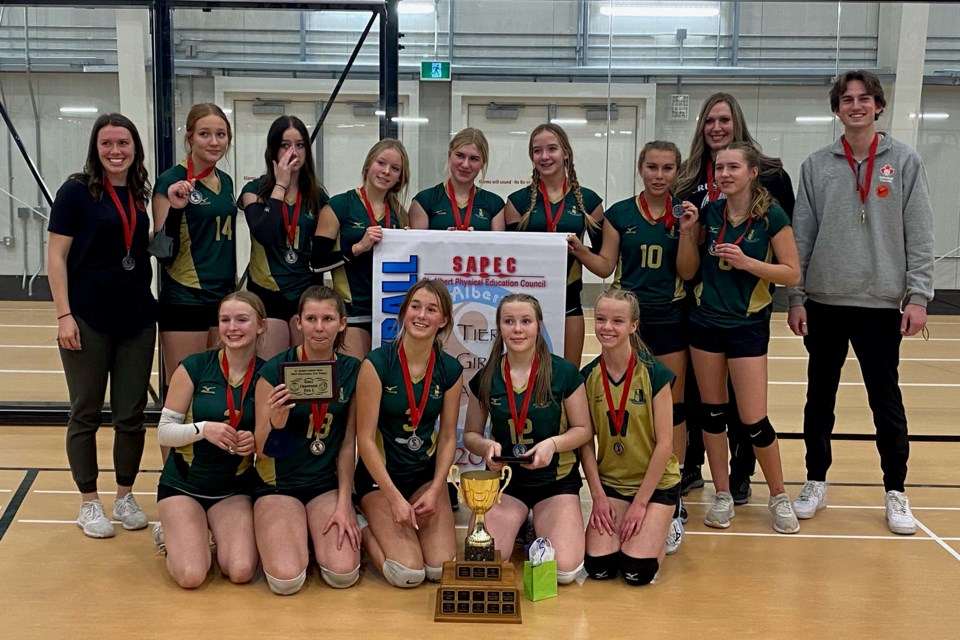 The William D. Cuts Crusaders girls' volleyball team capped off a perfect 12-0 season after defeating the Sir George Simpson Voyageurs in a four-set championship match at the Morinville Leisure Centre on Nov. 23, 2021. PRESTON HODGKINSON/St. Albert Gazette