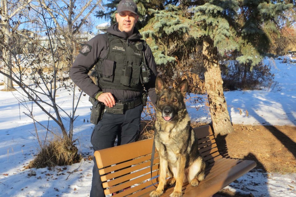 RCMP officer Cpl. Scott Lowe and his partner, Glock, are an on-call  tracking team. Glock is a graduate of the RCMP Police Dog Service Training Centre, Depot Division in Innisfail. The German Shepherd is specifically bred and trained to track people and detect narcotics. While pets are discouraged from jumping on furniture Glock is trained to go where his nose leads him, including park benches or picnic tables.