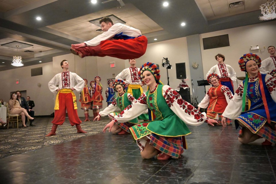 Alita Marko (front green) of St. Albert dances for Viter along with high jump dancer Alex Dumec at back. Viter performs at A Night for Ukraine on Thursday, April 19, 2022, at the Arden Theatre. NADINE LETWIN/Photo