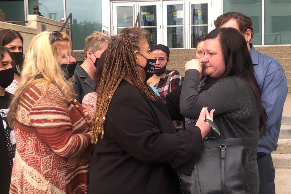 Chloe Wiwchar's mother, Holly Lucier, right, was surrounded by a crowd of supporters Monday as the drunk driver who killed her daughter, Shane Stevenson, pleaded guilty. JENNIFER HENDERSON/St. Albert Gazette