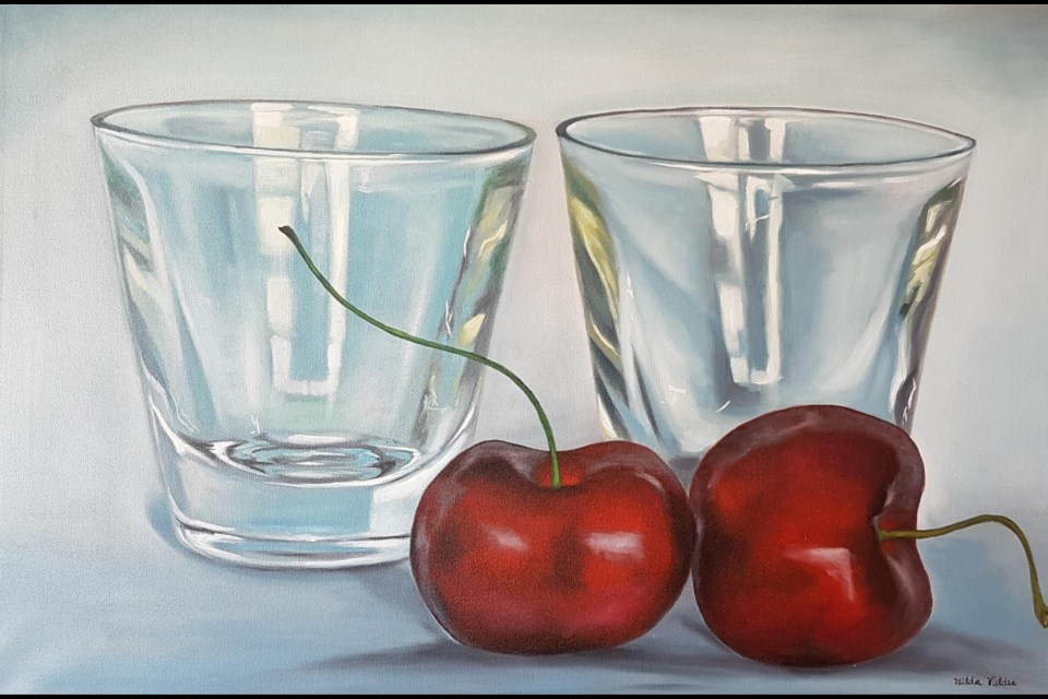Cherries Tequila by Hilda Valdes, the second place winner in the FCA's current exhibit, now available for viewing online.  