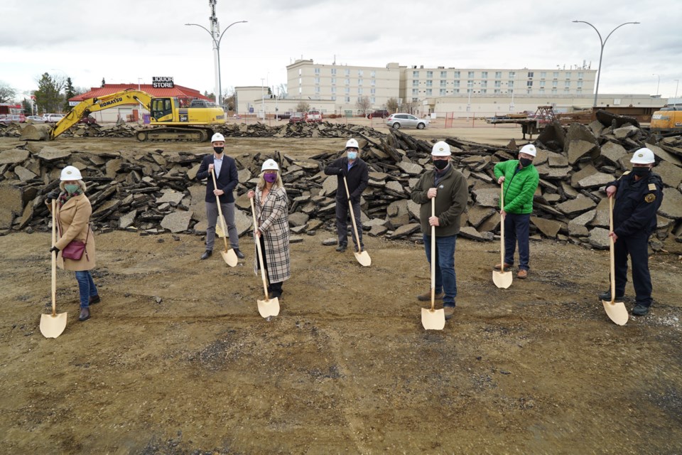 The City of St. Albert held a groundbreaking ceremony for the reconstruction of Fire Hall #1 on 20 Gate Avenue on Oct. 27. From left: Coun. Jacquie Hansen, Mathew Baranowsky with PCL Construction, Mayor Cathy Heron, Pawel Balas with Stantec, Coun. Wes Brodhead, Coun. Ken MacKay, and Bernd Gretzinger, director of emergency services and fire chief for St. Albert. BRITTANY GERVAIS/St. Albert Gazette