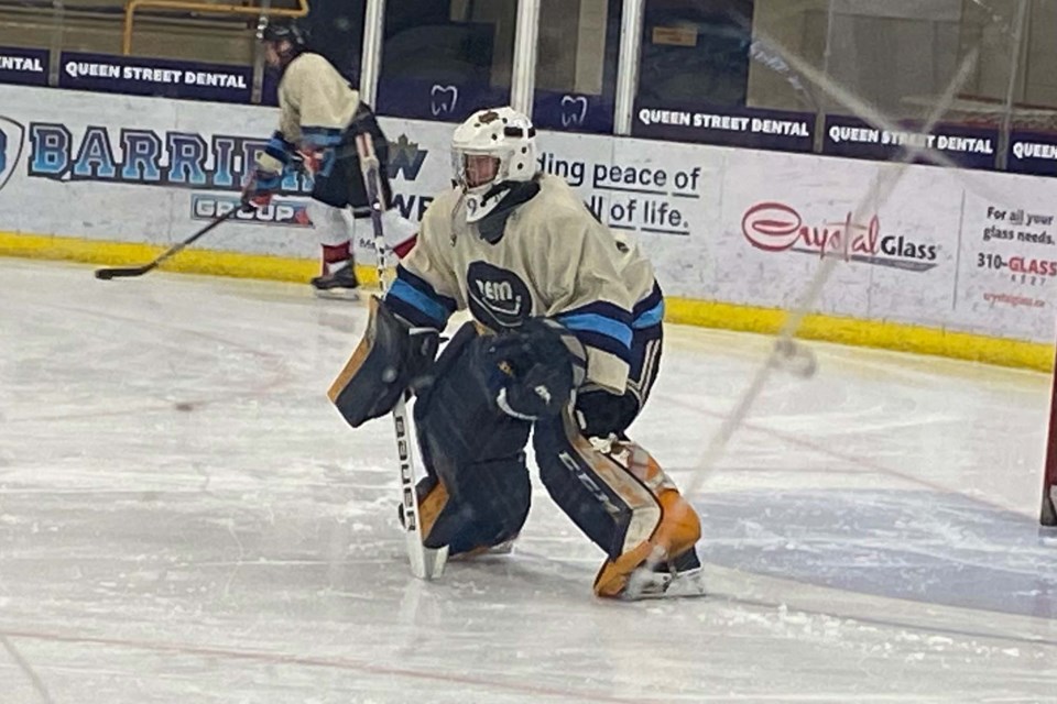 St. Albert U16 AA Royals's goaltender, Koen Webber, awaits his next stop in warmup at the 2022 REMHL All-Star Game at Grant Fuhr Arena in Spruce Grove on Jan. 9, 2022. PRESTON HODGKINSON/Photo