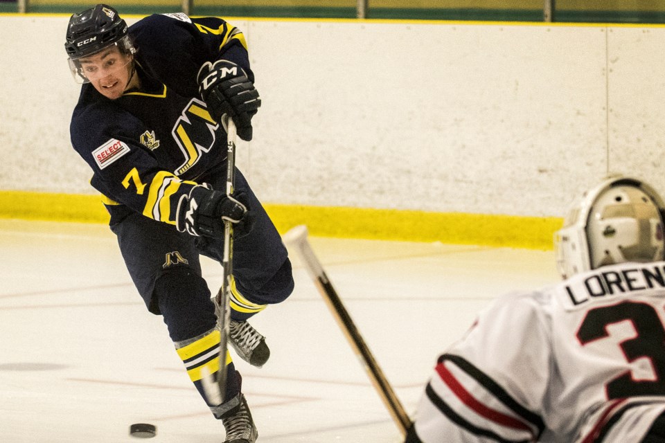 SHOOTER – Bryce Sturm of the St. Albert Merchants fires the puck at Hunter Lorenson of the Beverly Warriors in Capital Junior B Hockey League action Friday at Jarome Iginla Arena. Sturm scored once and assisted on goals by linemates' Stuart Dovey and Ryan Cooper in the 8-6 decision against Beverly (13-3), the top CJHL team and 2019 Founders Cup playoff champion. The win was also the fifth in a row and eighth in nine games by the Merchants (10-5).
DAN RIEDLHUBER/St. Albert Gazette