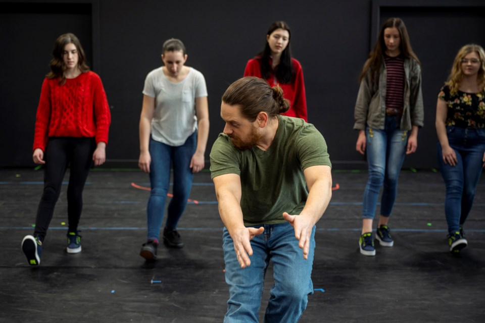 Actor Matt Boisvert (front) directs a group of teen artists in Act Up, a class designed to explore theatre and acting.   MARC J CHALIFOUX PHOTOGRAPHY/Photo