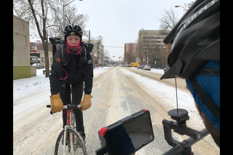 Kurt Spenrath and Frederick Kroetsch relied on some ingenious filming methods in order to best get Mariah Hoy in action during the production of Snow Warrior, a short doc that looks at bicycle couriers in Edmonton.