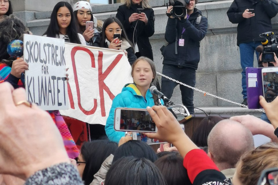 Surrounded by media and supporters, Greta Thunberg spoke at the Alberta Legislature grounds on Friday during a climate strike.
HANNAH LAWSON/Photo