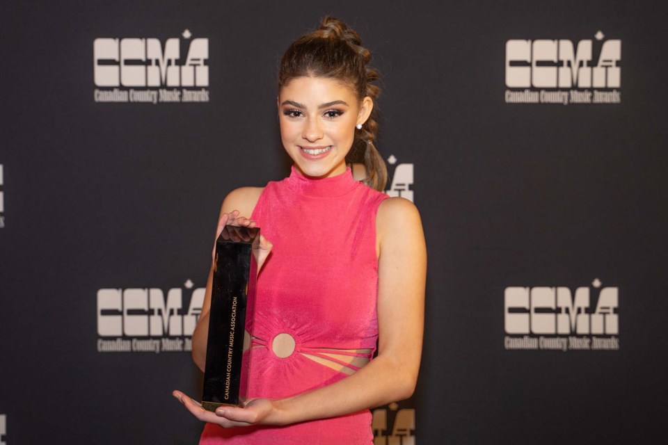 St. Albert's Hailey Benedict was all smiles accepting her first Canadian Country Music Award for Best Interactive Artist of the Year on Sept. 10, 2022. CANADIAN COUNTRY MUSIC ASSOCIATION/Photo