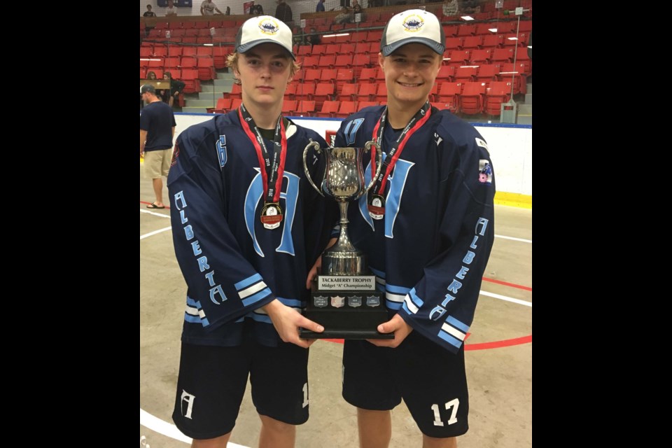 Ronin Pusch (left) and Mathieu Gautier (right) helped Team Alberta win the Midget A National Championship in 2018. The pair hopes their chemistry will continue to pay off in the NLL. SUPPLIED/Photo