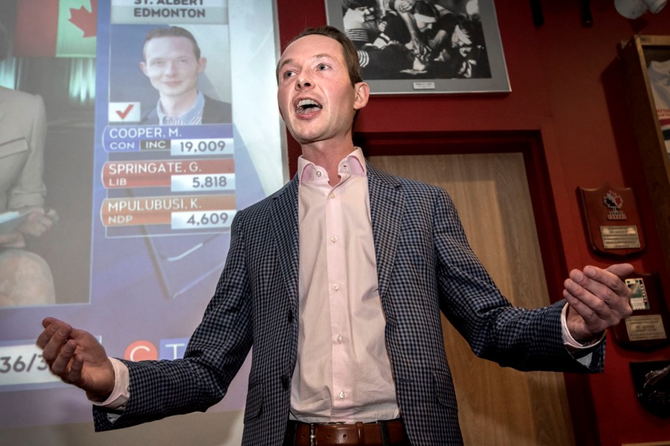 Conservative incumbent for St. Albert-Edmonton Michael Cooper  celebrates his federal election win Monday night while speaking to supporters at the St. Albert Rugby Club. 
DAN RIEDLHUBER/St. Albert Gazette