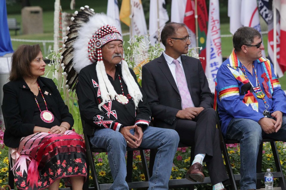 Lt.-Gov. Salma Lakhani (left), Alexander Chief George Arcand Jr., Edmonton Mayor Amarjeet Sohi, and Minister of Indigenous Relations Rick Wilson (right) attend the unveiling of the Treaty Six Medallion at the Alberta legislature on Aug. 21, 2022. JACK FARRELL/St. Albert Gazette