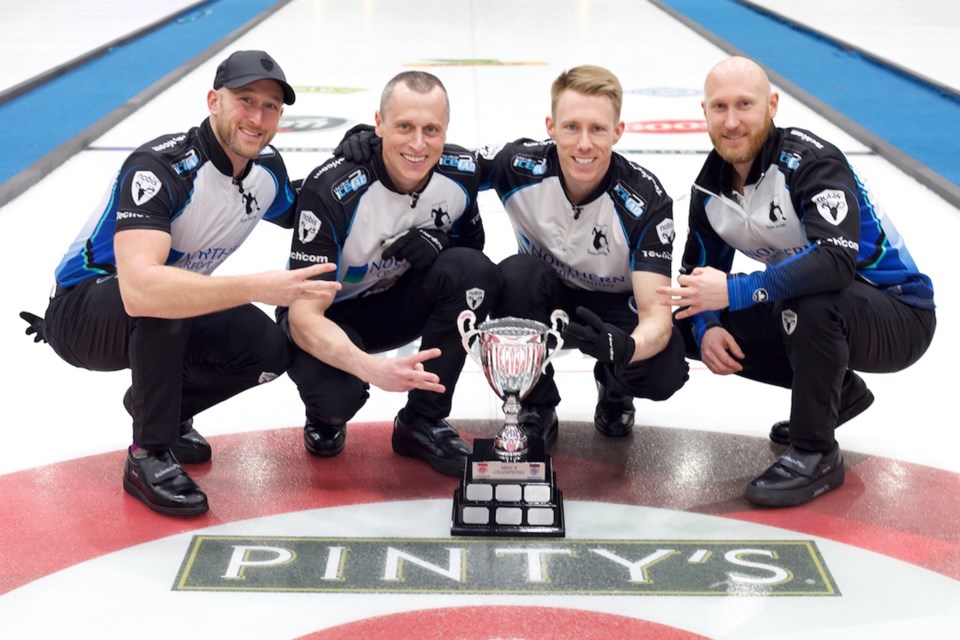 THREE IN A ROW – Team Brad Jacobs celebrates its third straight Grand Slam of Curling championship of the season as the winner of the Canadian Open. The Northern Ontario rink of, from right, skip Brad Jacobs, third Marc Kennedy of St. Albert, second E.J. Harnden and lead Ryan Harnden defeated John Epping of Toronto 6-5 with the last shot in Sunday's final at Yorkton, Sask. The Grand Slam was the 15th for Kennedy and the all-time leader is Kevin Martin with 18.
ANIL MUNGAL/Sportsnet and Pinty's Grand Slam of Curling