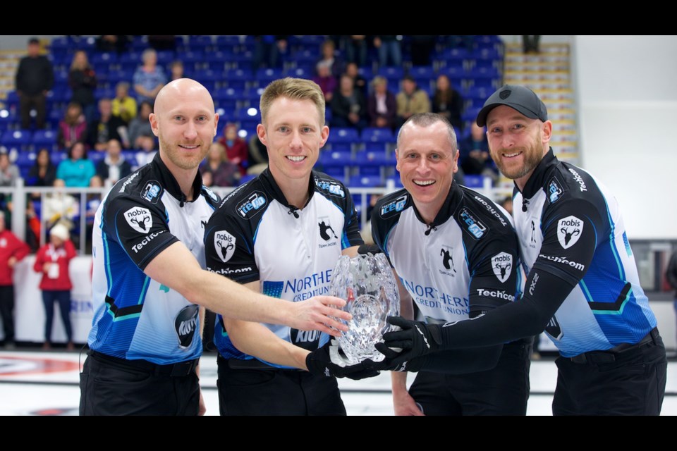 GRAND SLAM WINNERS – The Sault Ste. Marie, Ont., rink of, from left, skip Brad Jacobs, third Marc Kennedy of St. Albert, second E.J. Harnden and lead Ryan Harnden celebrate with the Tour Challenge trophy Nov. 10 in Pictou County, N.S. The Grand Slam victory was the first of the season and the second in four events on the 2019/20 tour schedule. Starting today at the Leduc Recreation Centre is the Home Hardware Canada Cup, a Season of Champions event on the Curling Canada circuit, and the first game for the defending champions is 2 p.m. against Team Howard. Team Jacobs is coming off a 5-1 record as a quarter-finalist at the Ashley Home Store Curling Classic, a World Curling Tour event at the Penticton Curling Club.
ANIL MUNGAL/Sportsnet and Pinty's Grand Slam of Curling