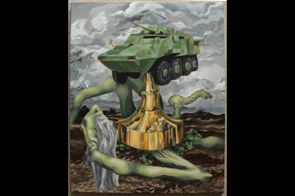 MacEwan arts grad Kirsten Sorensen offers Monumental Construction for the 2021 Grad Show, on virtual display until May 15. Monumental Construction by The piece is a comment on a planned military art installation of an LAV III vehicle in Morinville.