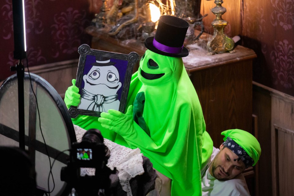 Jake Alabaster, the friendly puppet ghost hosting 13 Days of Frightful Fun, is a green screen that through th emagic of film appears as a shimmery figure during the online episodes. NANC PRICE/Photo