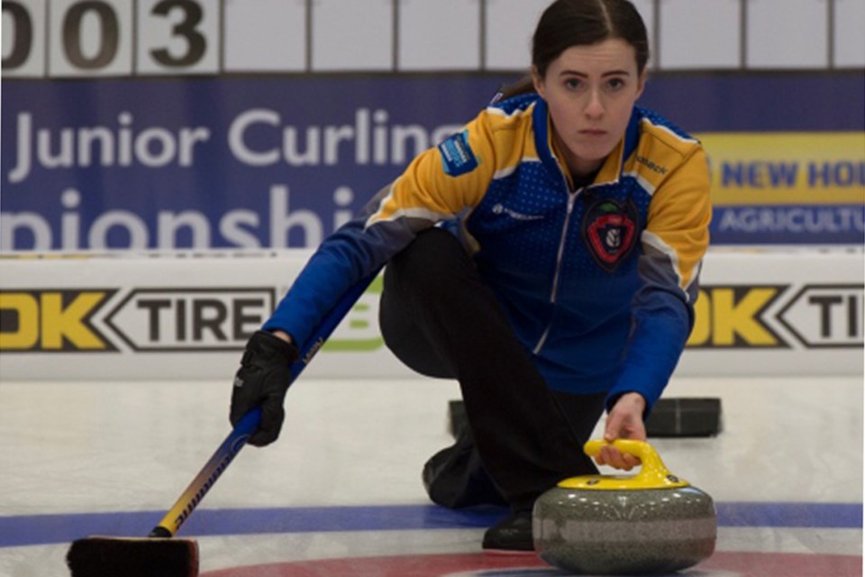 SKIP SHOOTER – Abby Marks of St. Albert lines up a delivery as skip for Team Alberta at the Canadian U21 junior championships in Langley, B.C. Alberta lost Sunday's final 10-3 in nine ends to Manitoba (11-0) to finish 9-5 and two of the wins were tiebreakers to qualify for Saturday's semifinal, 6-5 in an extra end over Nova Scotia (8-3). Marks, 20, was the third on last year's Alberta rink that went 11-0 at nationals and was awarded silver at worlds. 
CURLING CANADA/Michael Burns