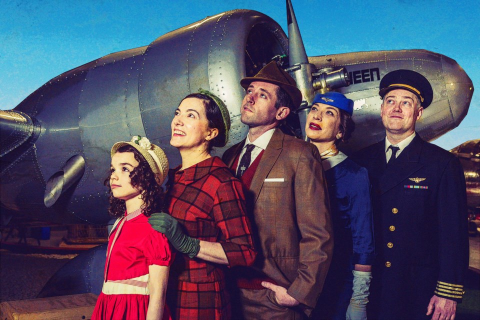 Playwright Beth Graham (second from left) looks to the skies for the world premiere launch of Slight of Mind, now running at the Citadel Theatre until April 14.