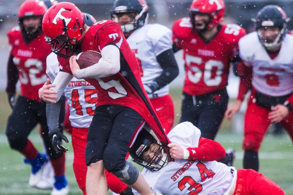 TIGER BY THE TAIL – Kalem Stuermer of the Sturgeon Spirits grabs a fist full of the ball carrier's jersey in Friday's division two Miles conference semifinal against the Leduc Tigers. The first loss after six consecutive wins for Sturgeon (6-2) was 29-14 at Larry Olexiuk Field. Leduc (5-1) will play the Paul Kane Blues (7-0) in Friday's final at 7:30 p.m. at Commonwealth Stadium and Sturgeon will gear up for the Tier III provincial north semifinal against the host Whitecourt Cats on Nov. 9.
CHRIS COLBOURNE/St. Albert Gazette