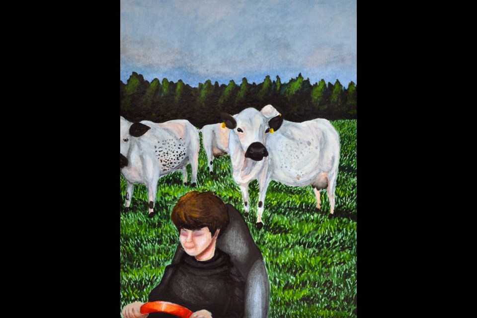Aoibheann Hutchinson. Grade: 11. Title: Fields of cows and boys. Artist Statement: This is a piece made with watercolour and pencil crayons. It was difficult to get those bright whites to pop out, but with some work, I think it came out nicely. It was the same with all the blades of grass. If you look closely, you’ll see that the grass was all painted on as individual blades of grass. SUPPLIED/Photo