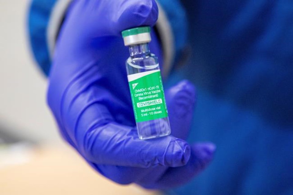 A vial of some of the first 500,000 of the two million AstraZeneca COVID-19 vaccine doses that Canada has secured through a deal with the Serum Institute of India in partnership with Verity Pharma at a facility in Milton, Ont., on March 3.