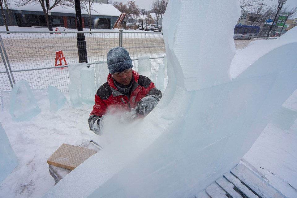 Ice carver Barry Collier of Ice Works in St. Albert works on a giant ice whale for the annual Deep Freeze: A Byzantine Winter Festival on 118 Avenue and 91 St. The festival will feature live music, art, ice sculpture demose and an ice bar and runs Jan. 11-12, 2020. CHRIS COLBOURNE/St. Albert Gazette