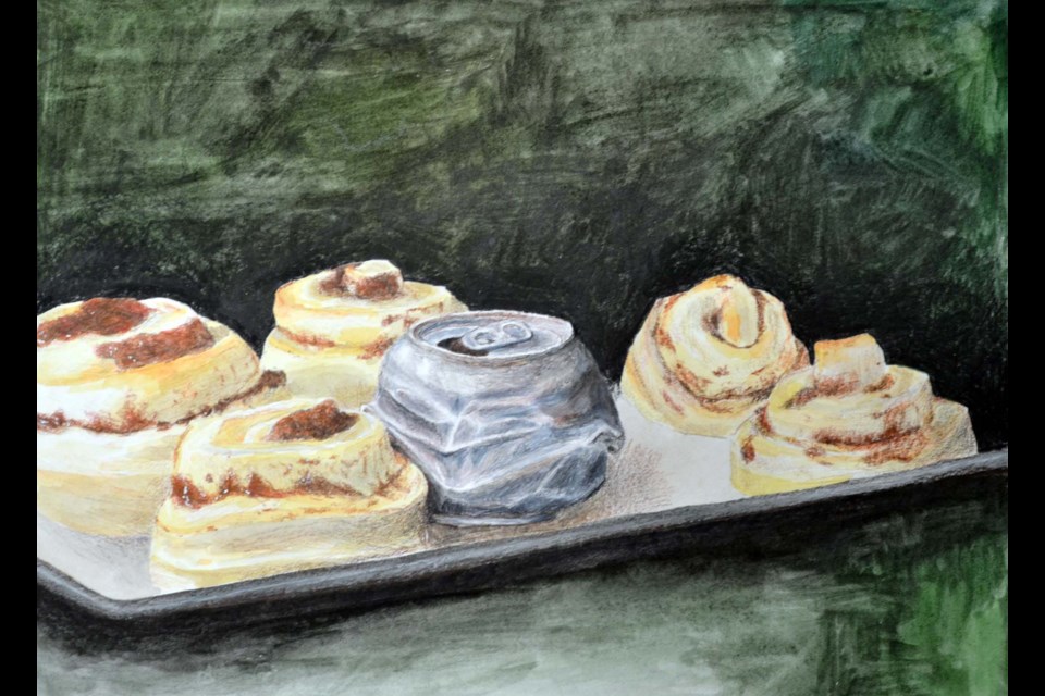 Hailey Michaelchuk. Grade 10. Conspicuous Can. Watercolour and pencil crayon. The rough silhouette of a crushed can reminded me of a cinnamon bun so I illustrated it on a tray of cinnamon buns. I wanted the tray to bring focus to the can so I created a sharp contrast between the background and the items on the tray while using complementary colours to make the can stand out from the cinnamon buns. The green in the background is reminiscent of green algae that covers sunken ships to add a little ambiguity to its surroundings. SUPPLIED/Photo