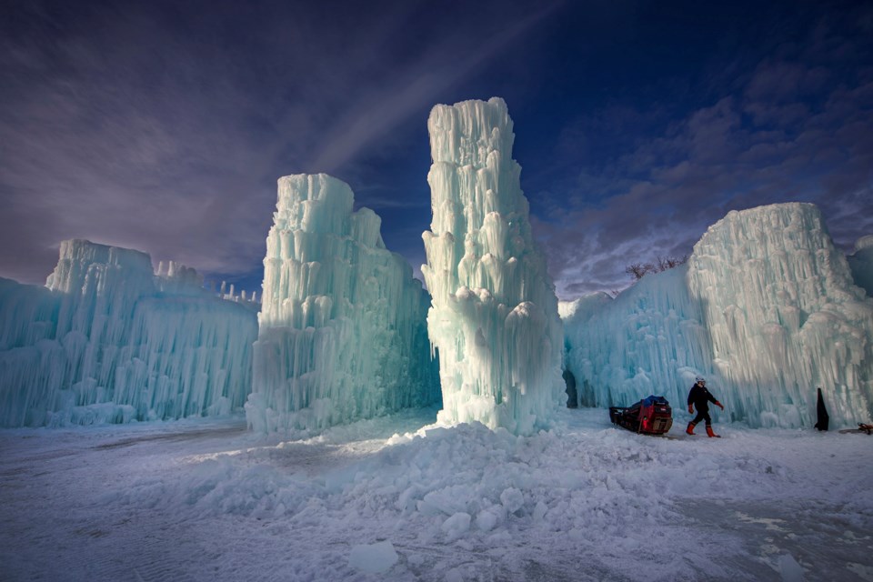 Works continues on the Ice Castles structure at Hawerlak Park in Edmonton on Tuesday ahead of the official opening at the end of the week. The annaul Ice Castles event will feature ice slides, sculptures and colourful lights. CHRIS COLBOURNE/St. Albert Gazette
