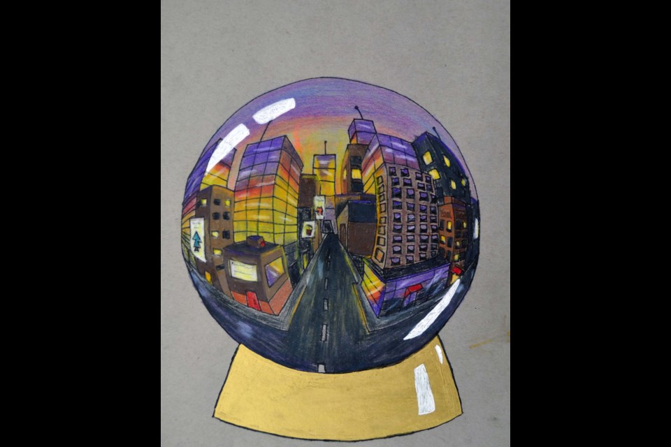Mira Andersen. Grade 10. A City's Shift. Artist Statement: This art project is a five-point perspective drawing, done in pencil crayons, made to capture the beautiful shift from day into night of the city inside a globe. SUPPLIED/Photo