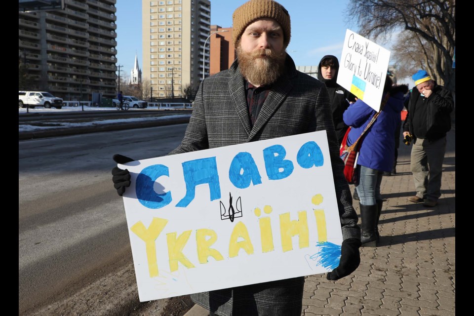 Nicholas Sarabin, who is living in St. Albert since fleeing Ukraine nearly two weeks ago, took part in a rally by the Ukrainian Canadian Congress – Alberta Provincial Council on Sunday. Participants made a human chain that started at MacEwan University and ended at the Alberta Legislature. 



Nicholas Sarabin, who is living in St. Albert since fleeing Ukraine nearly two weeks ago, took part in a rally by the Ukrainian Canadian Congress â Alberta Provincial Council on Sunday. Participants made a human chain starting from MacEwan University and ended at the Alberta Legislature. JESSICA NELSON/St. Albert Gazette

