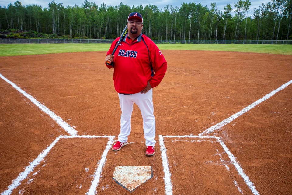 GAME ON – Alexander Coun. Joe Kootenay stands at home plate at one of the two new ball diamonds opened at Echo Park in Alexander on Friday, Aug. 30. Kootenay said the diamonds are the first to be built and operational on the reserve in 30 years. 
CHRIS COLBOURNE/St. Albert Gazette