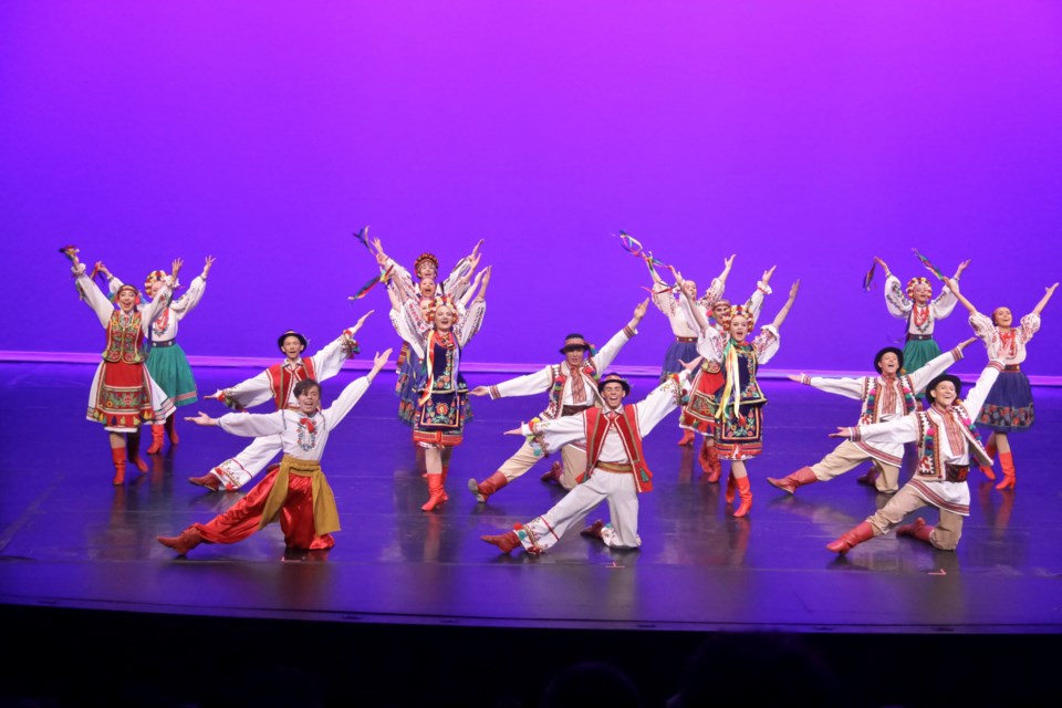 This group photo is of Cheremshyna, the junior ensemble a stepping stone away from Cheremosh Company. These young academy dancers perform a Pryvit or a welcome dance showcasing multiple regional dances in one performance. CHEREMOSH/Photo