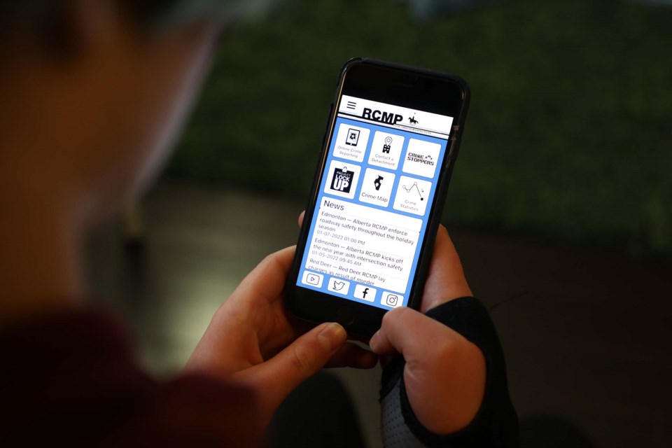In a Jan. 7, 2022 press conference, the Alberta RCMP announced their mobile app. The app consolidates news and other resources for users as depicted in this demonstrative photo. JESSICA NELSON/St. Albert Gazette 