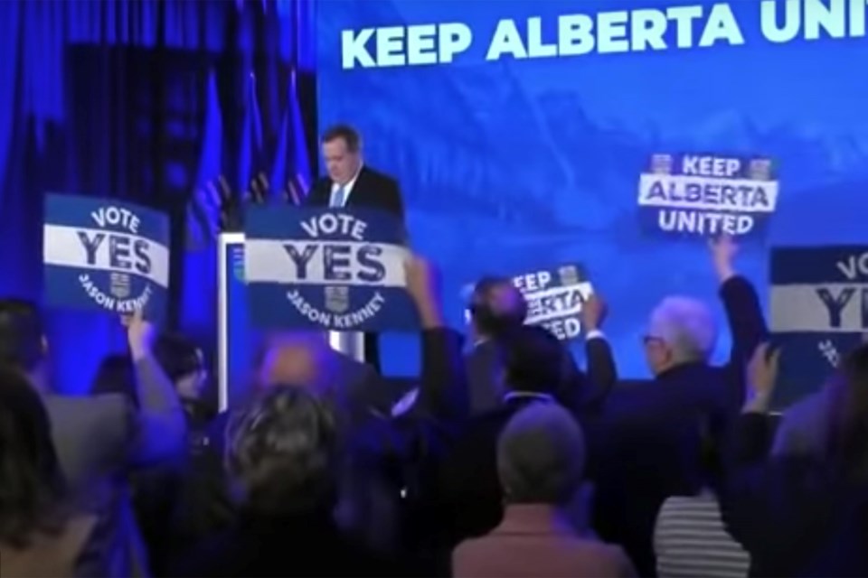 Premier Jason Kenney gives an impassioned speech at the virtual UCP SGM on April 9, 2022. Following the meeting eligible UCP members will received mail-in ballots to review Kenney’s leadership and decide whether or not he will remain the party’s leader. SCREENSHOT/Photo