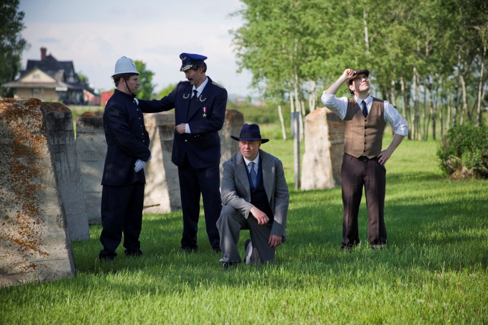 Turn of the century Edmonton police are in hot pursuit of a man who murdered one of their own in The Flying Detective. This dinner theatre production at Morinville Cultural Centre on Saturday, Sept. 28 features (left to right) Neil LeGrandeur, Cliff Kelly, Cody Porter and Willie Banfield.