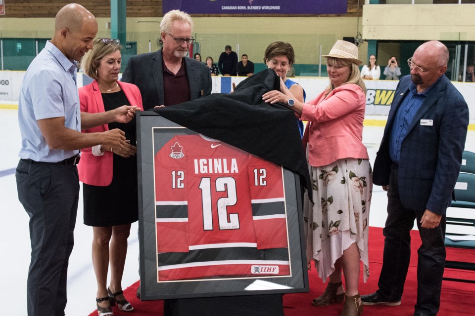 Jarome's jersey was unveiled during the ceremony to rename Akinsdale Arena to Jarome Iginla Arena in St. Albert Ab on Sunday August 25, 2019. JOHN LUCAS/St.Albert Gazette