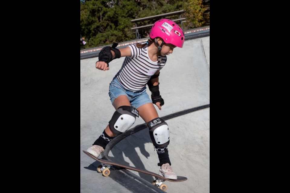  September 24, 2022  Nyla Fisher 9 goes over the edge at the Ambush, organized by the Tigers Skate Club, at  St. Albert's skateboard park in St. Albert. 
BRUCE EDWARDS/St. Albert Gazette
