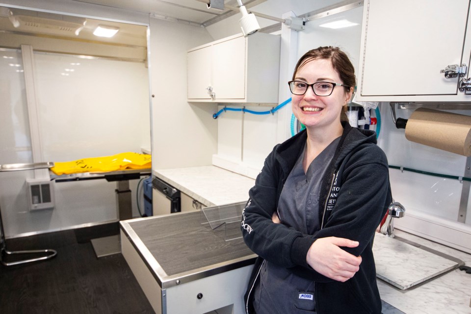 Chelsea Faas, a registered veterinary technologist and supervisor of medical services for the Edmonton Humane Society shows off the working space inside the new Prevent Another Litter Subsidy (PAL) Mobile Spay and Neuter Unit that can travel throughout Edmonton and operate on cats and small dogs.
CHRIS COLBOURNE/St. Albert Gazette
