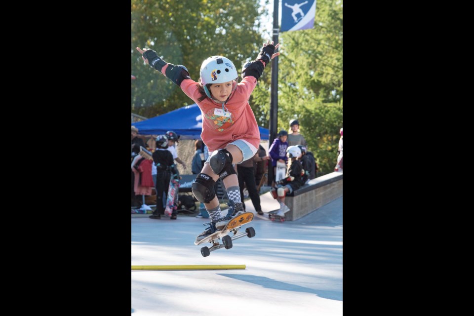 A young skateboarders sporting the name tag "Zoe" gets some air at The Ambush on Sept. 24, 2022. 
BRUCE EDWARDS/St. Albert Gazette