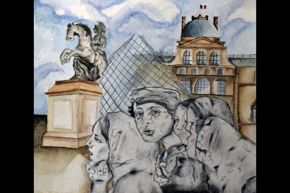 Lily Malthouse
Grade 11
Title: Repin at The Louvre
Artist Statement: Using graphite and charcoal, I recreated a classic piece originally depicted by the Russian painter Ilya Repin and brought it into a modern-day scene. The background, which was painted using watercolour, is of the Louvre Museum in Paris. I thought it would be interesting to bring a classical piece into a location where other classics are on display. This composition was louvrely to create! SUPPLIED/Photo