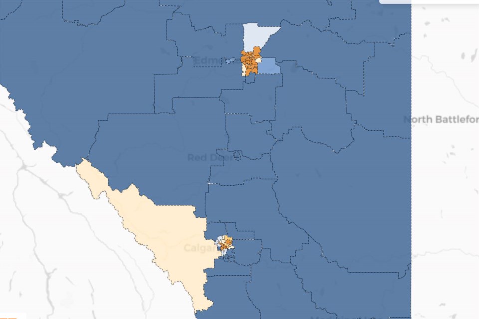 A close up of data from 388Canada shows a few areas in Alberta that could be held by the New Democratic Party. SCREENSHOT/388Canada