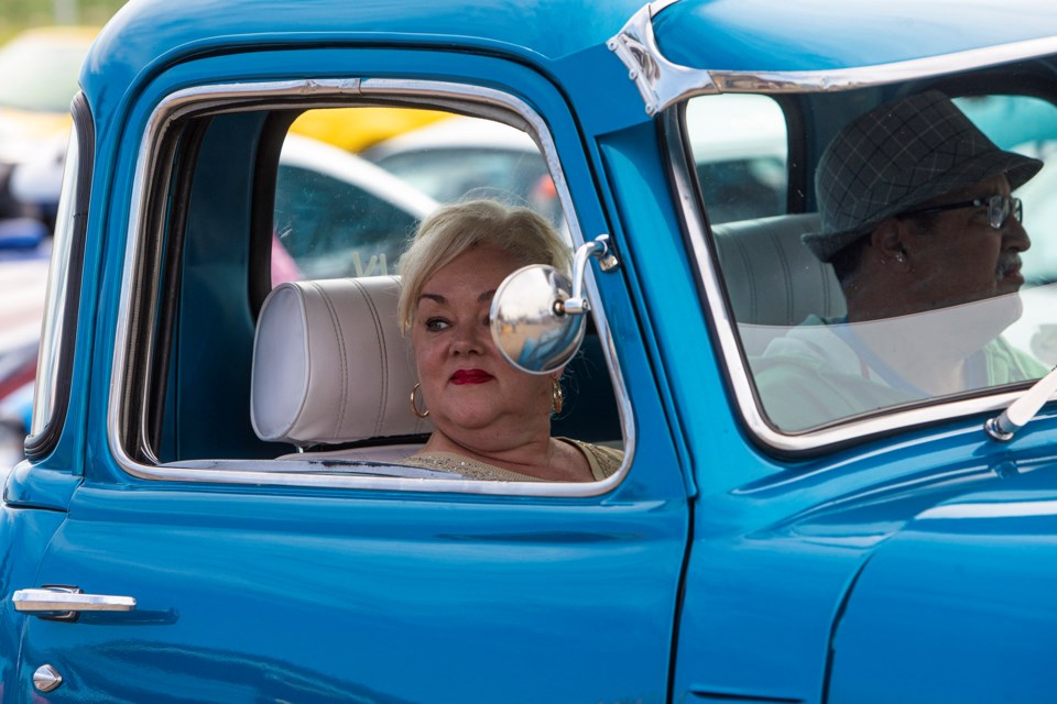Belinda Ferow and husaband Ed cruise through the Century Casino parking lot in their 1959 Cheverolet step-side truck on a recent Tuesday as part of the Rockn'  August Classic Car Tuesdays. CHRIS COLBOURNE/St. Albert Gazette