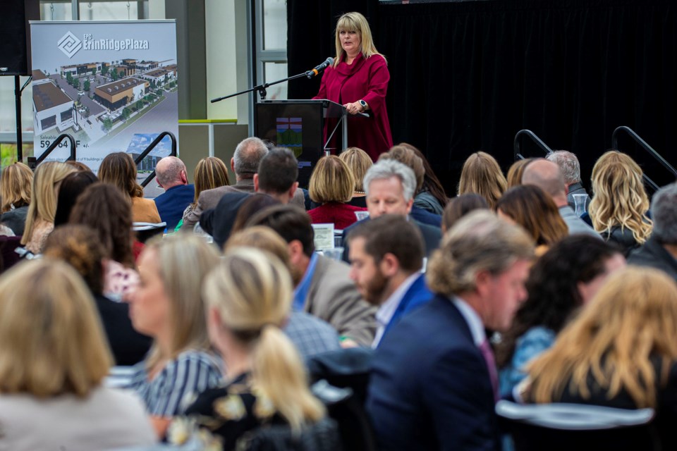 St. Albert Mayor Cathy Heron addresses a crowd of politicians, business owners and dignitaries during the annual State of the City Address at the Enjoy Centre on Wednesday morning. CHRIS COLBOURNE/St. Albert Gazette