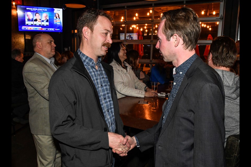 UCP candidate Jeff Wedman with Michael Cooper, MP St. Albert-Edmonton at Wedman's election night party in St. Albert April 16, 2019. DAN RIEDLHUBER/St. Albert Gazette