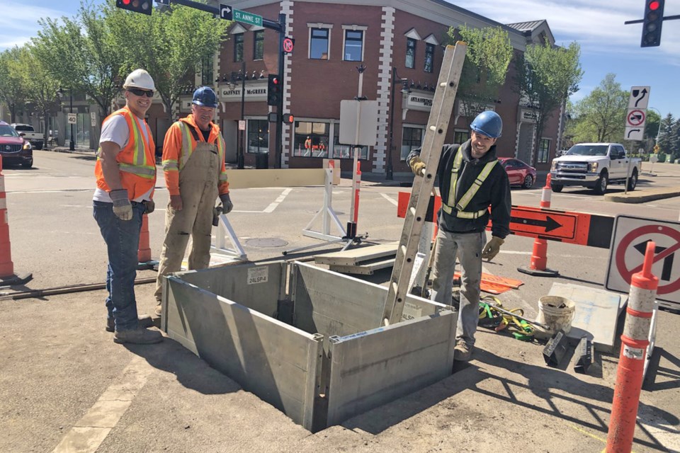 Jaguar Water & Sewer Services Ltd. began underground infrastructure work at the intersection of St. Anne and Perron Street on June 1. BRITTANY GERVAIS/St. Albert Gazette