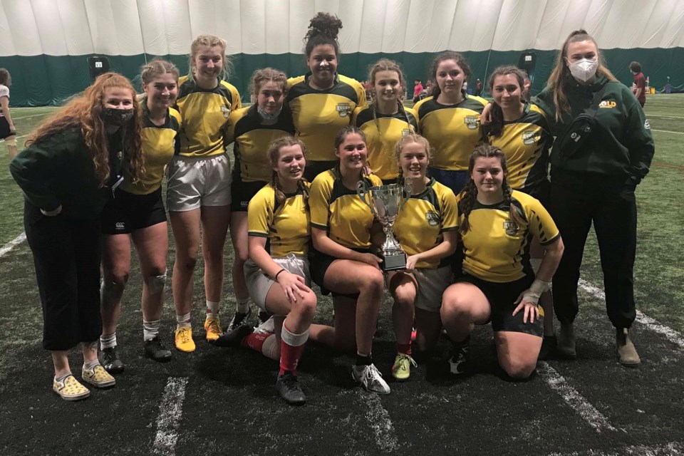Three girls from St. Albert Rugby Club on the U18 girls team won gold at the ARC 7s tournament at the University of Alberta Butterdome in Edmonton Jan. 21 to 23, 2022. SUPPLIED/Photo