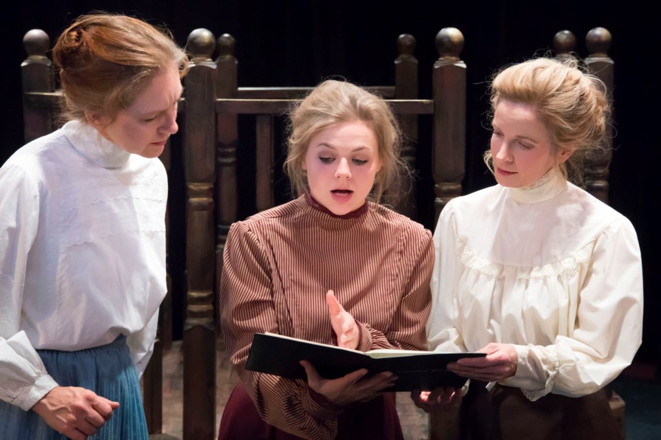 In the centre, astronomer Henrietta Leavitt (Lauren Hughes) explains to co-workers Williamina (Susan Ritchie) and Annie (Samantha Woolsey) that she's discovered certain patterns of luminosity among stars. However, Henrietta remains frustrated because she does not understand what the patterns mean in Silent Sky now running at Walterdale Theatre until Oct. 12. 
SCOTT HENDERSON/Photo